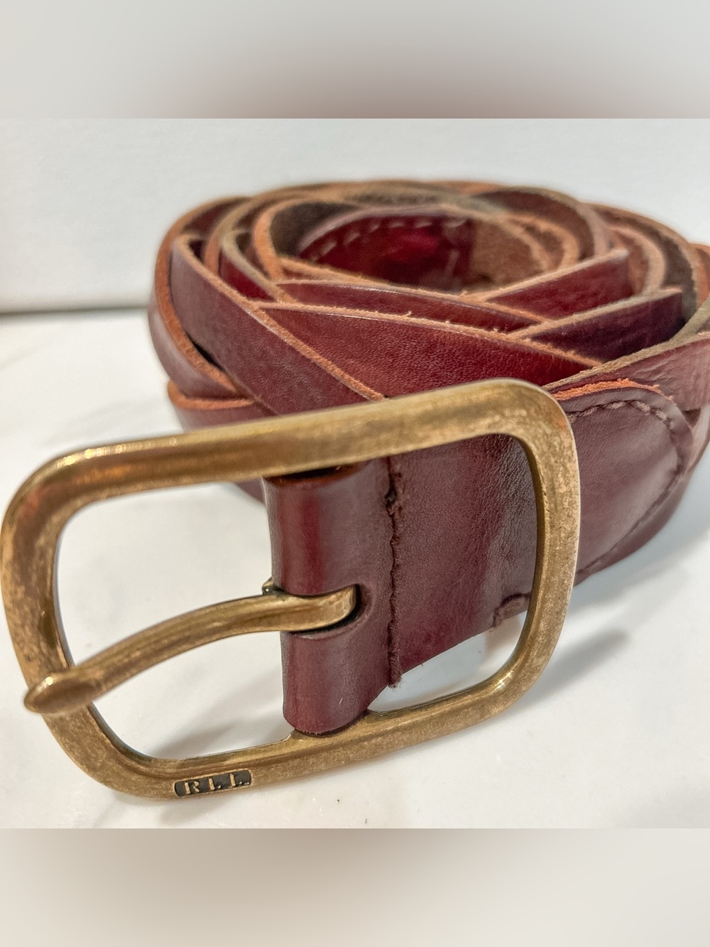 RLL Ralph Lauren Brown Leather Braided Woven Belt Gold Brass Buckle Small